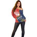 Custom Dragons And Cowboys Rugby Off Shoulder Sweater Aboriginal Mix Polynesian Pattern