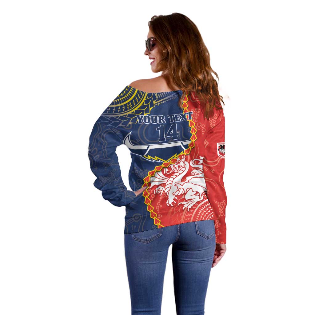 Custom Dragons And Cowboys Rugby Off Shoulder Sweater Aboriginal Mix Polynesian Pattern