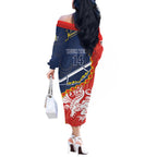 Custom Dragons And Cowboys Rugby Off The Shoulder Long Sleeve Dress Aboriginal Mix Polynesian Pattern