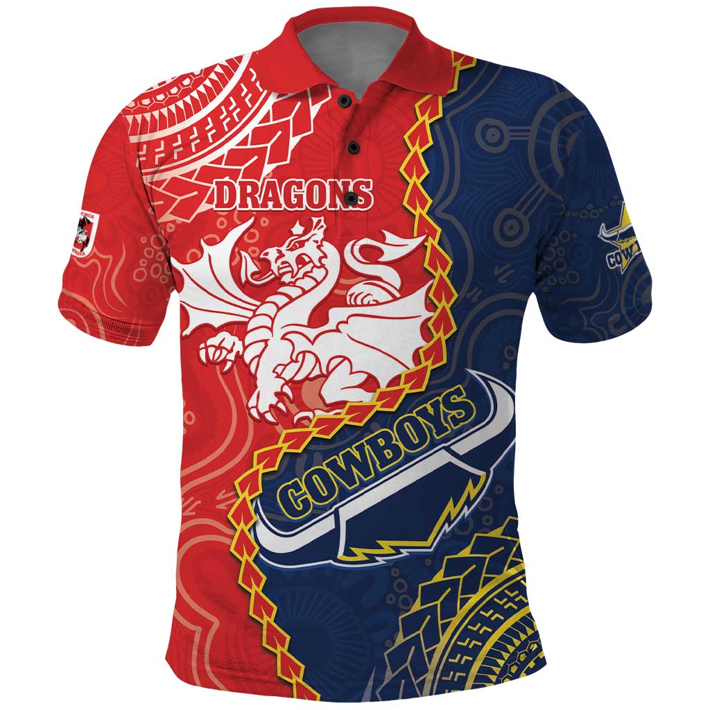 Custom Dragons And Cowboys Rugby Polo Shirt Aboriginal Mix Polynesian Pattern