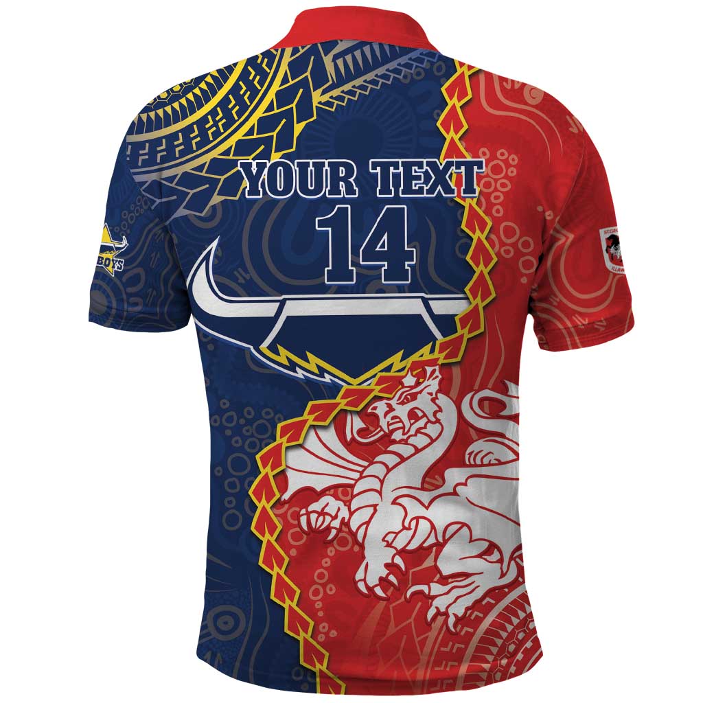 Custom Dragons And Cowboys Rugby Polo Shirt Aboriginal Mix Polynesian Pattern
