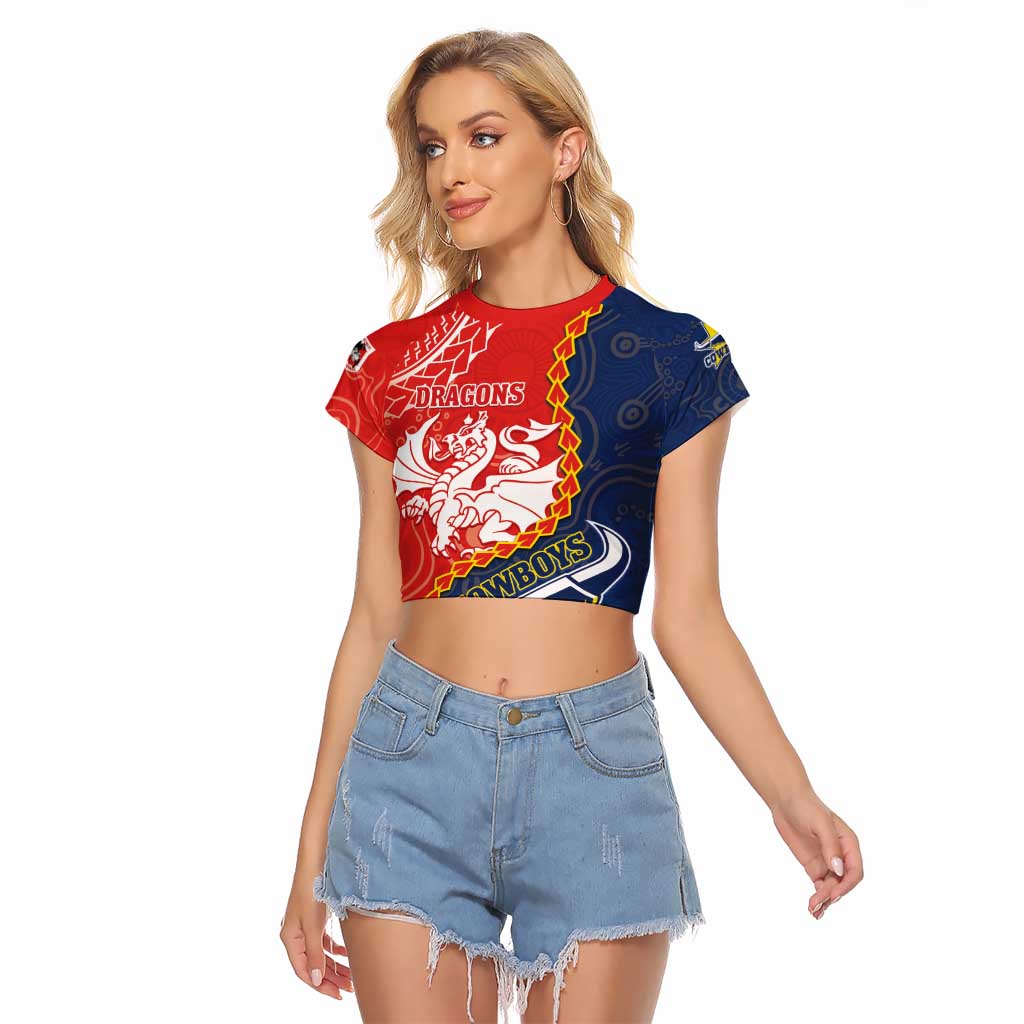 Custom Dragons And Cowboys Rugby Raglan Cropped T Shirt Aboriginal Mix Polynesian Pattern