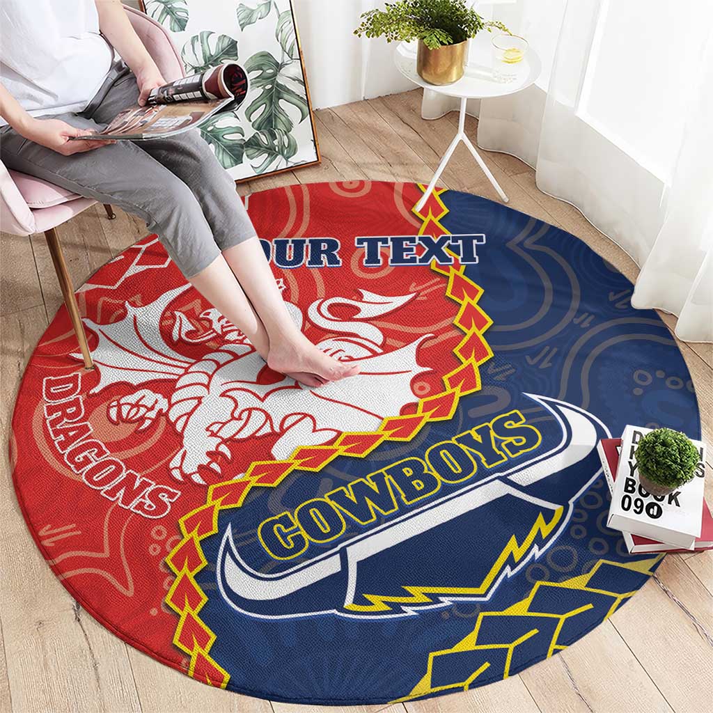 Custom Dragons And Cowboys Rugby Round Carpet Aboriginal Mix Polynesian Pattern
