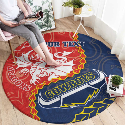 Custom Dragons And Cowboys Rugby Round Carpet Aboriginal Mix Polynesian Pattern