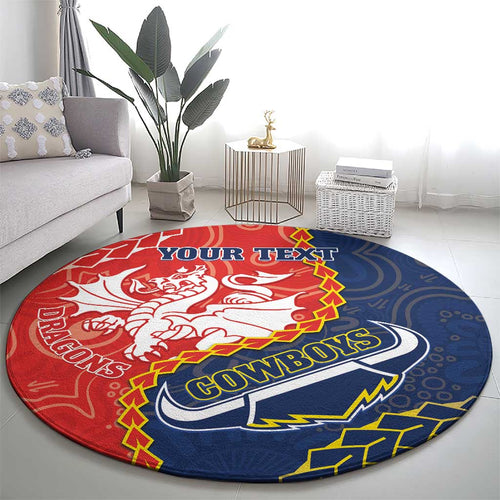 Custom Dragons And Cowboys Rugby Round Carpet Aboriginal Mix Polynesian Pattern