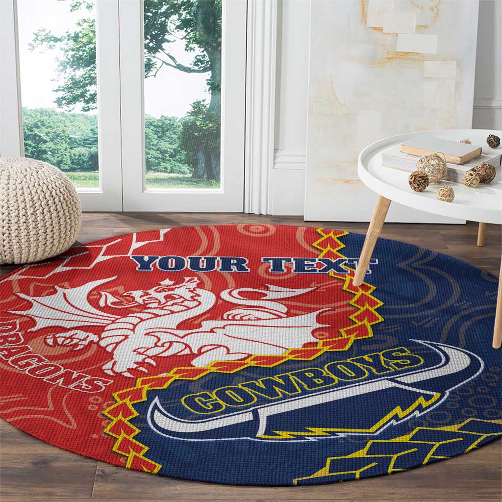 Custom Dragons And Cowboys Rugby Round Carpet Aboriginal Mix Polynesian Pattern
