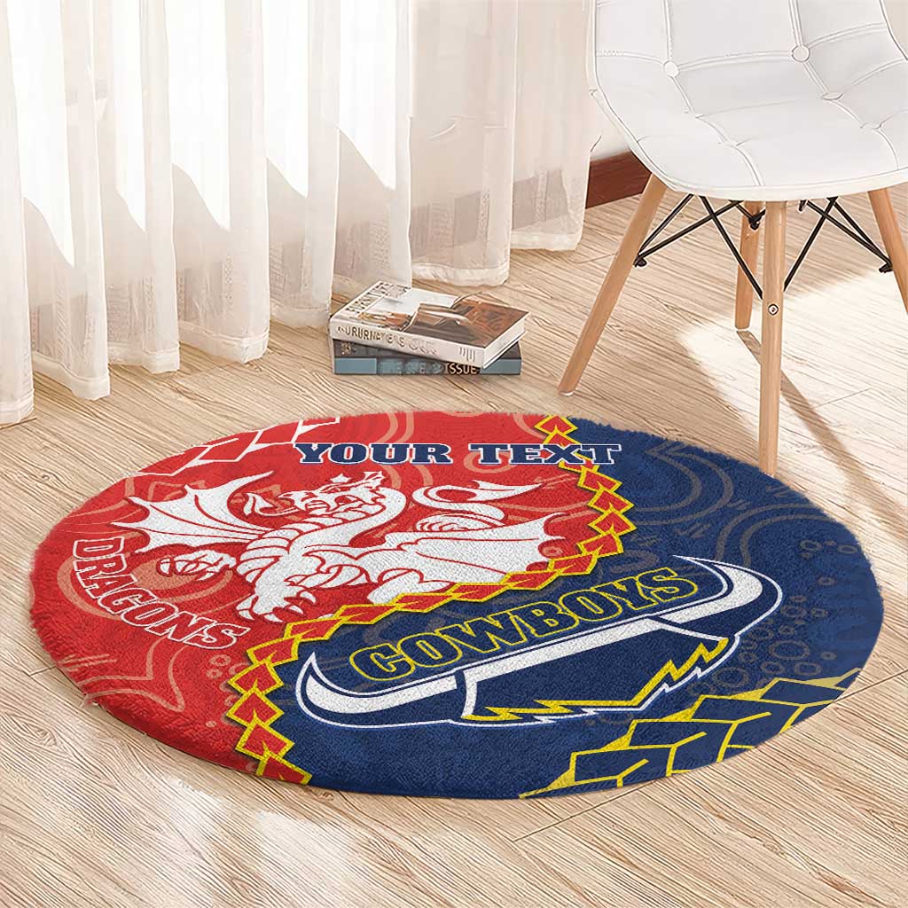 Custom Dragons And Cowboys Rugby Round Carpet Aboriginal Mix Polynesian Pattern