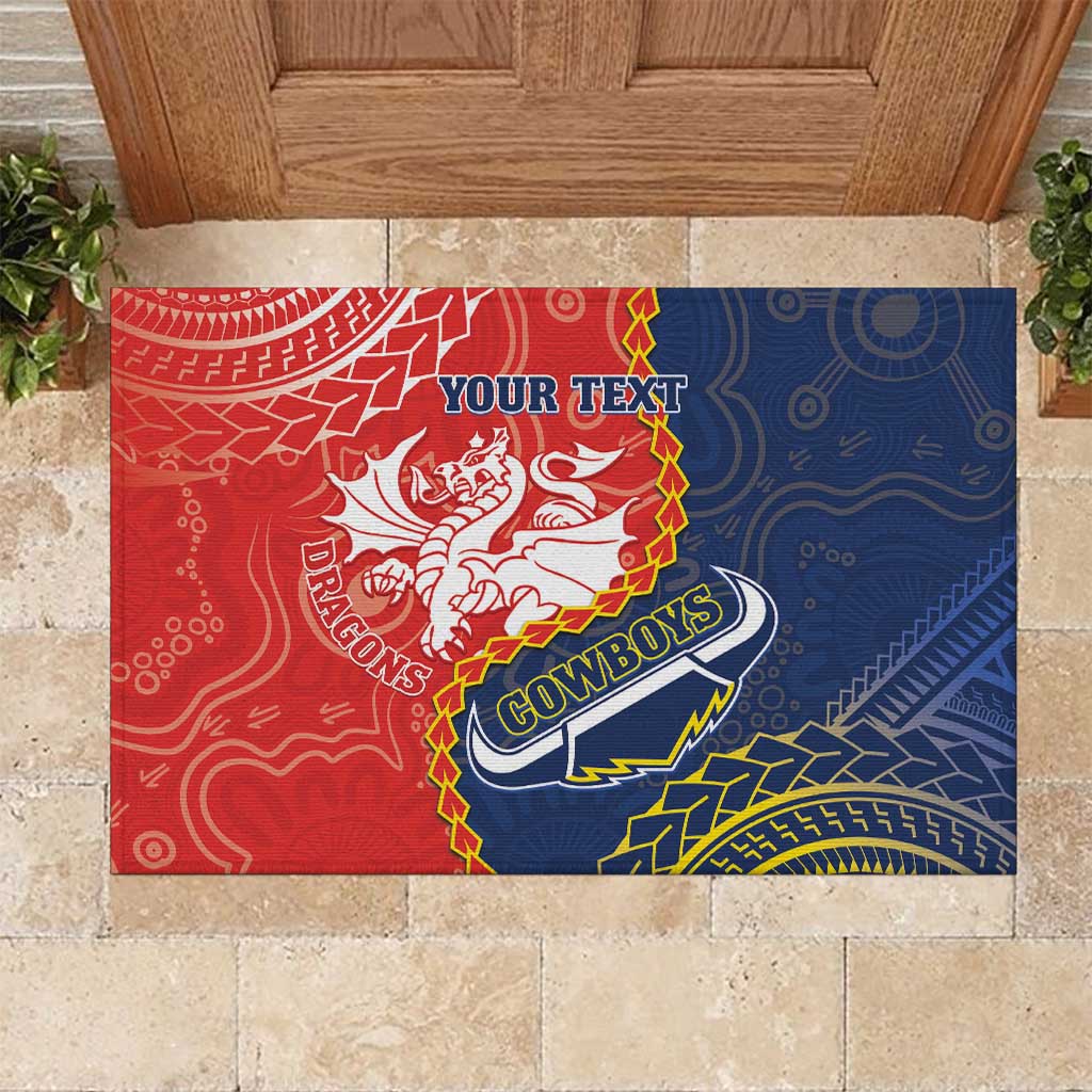 Custom Dragons And Cowboys Rugby Rubber Doormat Aboriginal Mix Polynesian Pattern