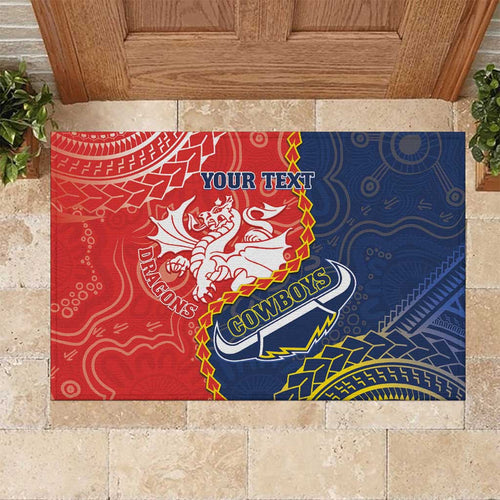 Custom Dragons And Cowboys Rugby Rubber Doormat Aboriginal Mix Polynesian Pattern