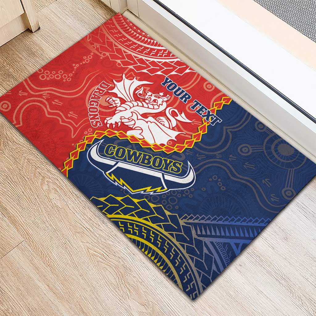 Custom Dragons And Cowboys Rugby Rubber Doormat Aboriginal Mix Polynesian Pattern