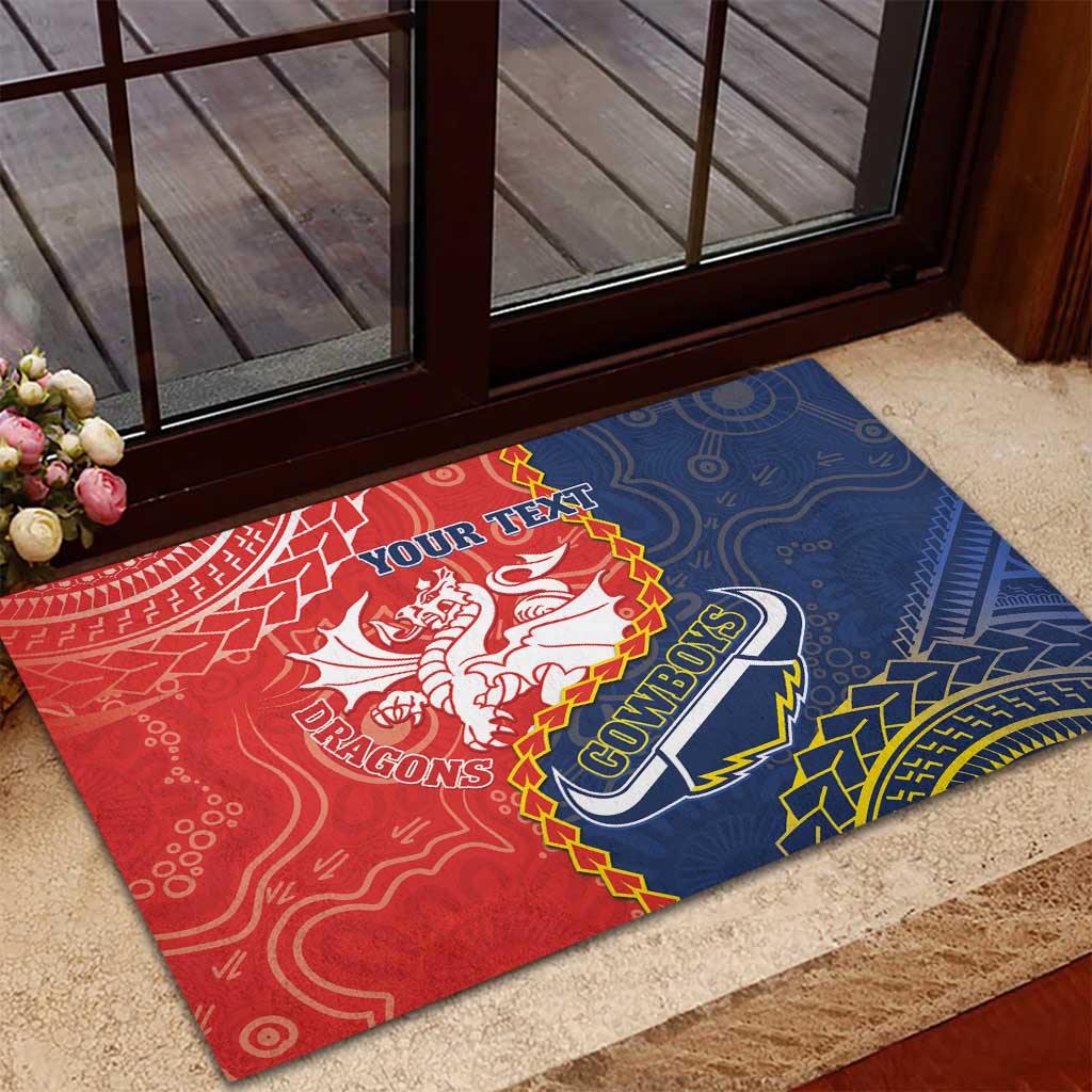 Custom Dragons And Cowboys Rugby Rubber Doormat Aboriginal Mix Polynesian Pattern