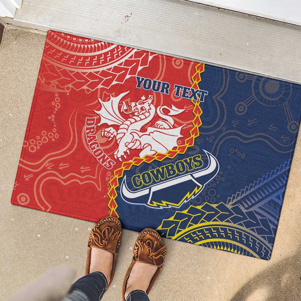 Custom Dragons And Cowboys Rugby Rubber Doormat Aboriginal Mix Polynesian Pattern