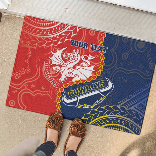 Custom Dragons And Cowboys Rugby Rubber Doormat Aboriginal Mix Polynesian Pattern