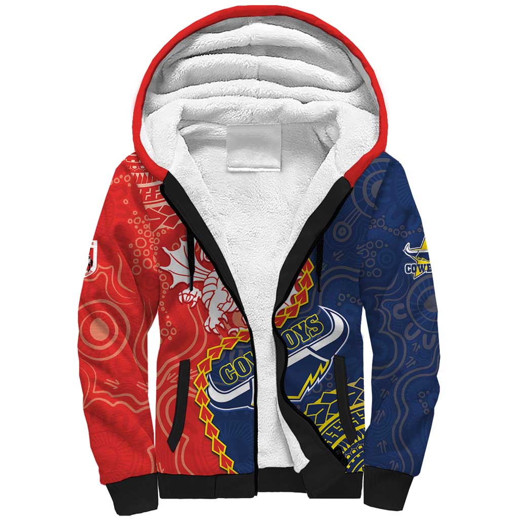 Custom Dragons And Cowboys Rugby Sherpa Hoodie Aboriginal Mix Polynesian Pattern