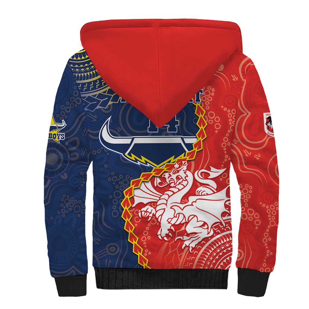 Custom Dragons And Cowboys Rugby Sherpa Hoodie Aboriginal Mix Polynesian Pattern