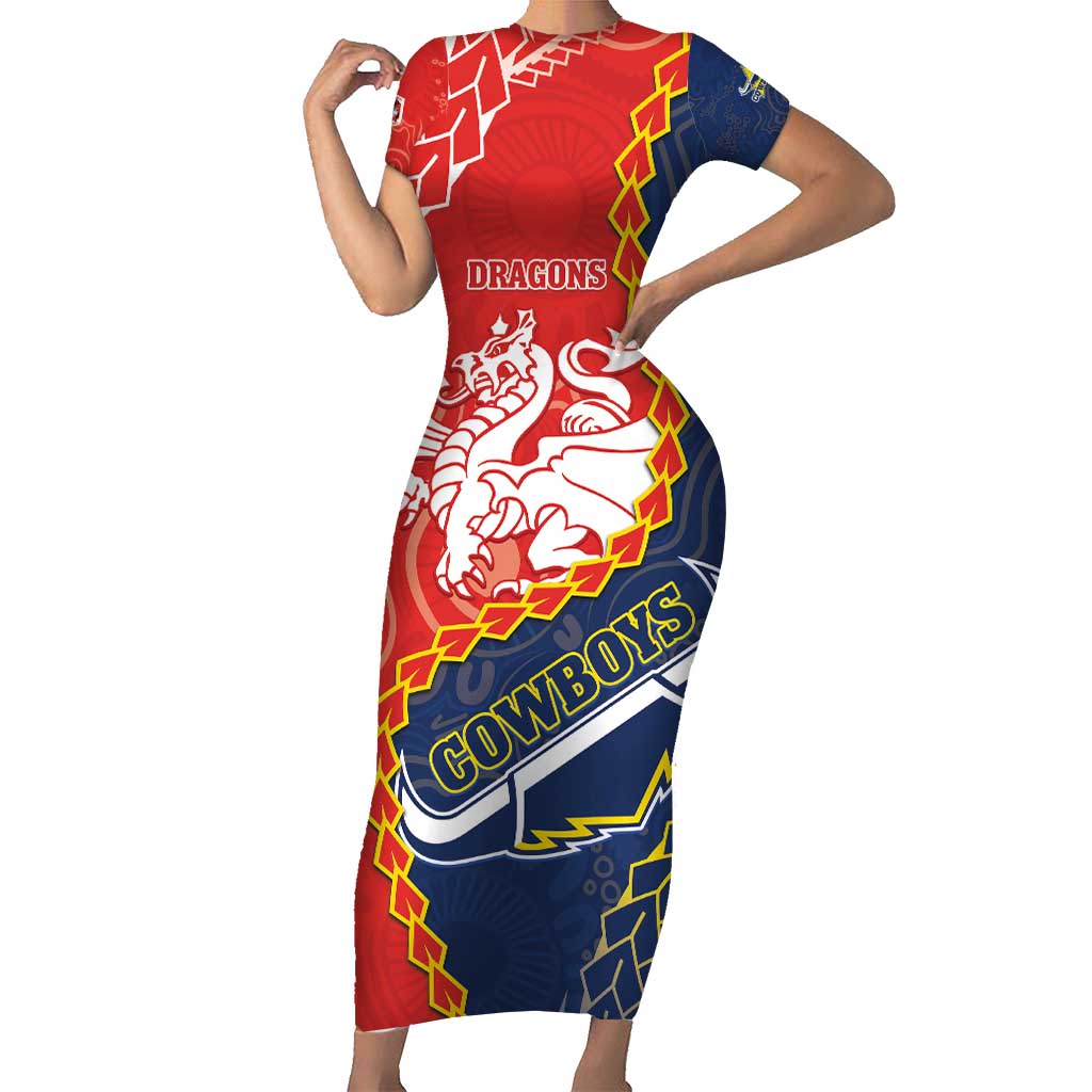 Custom Dragons And Cowboys Rugby Short Sleeve Bodycon Dress Aboriginal Mix Polynesian Pattern