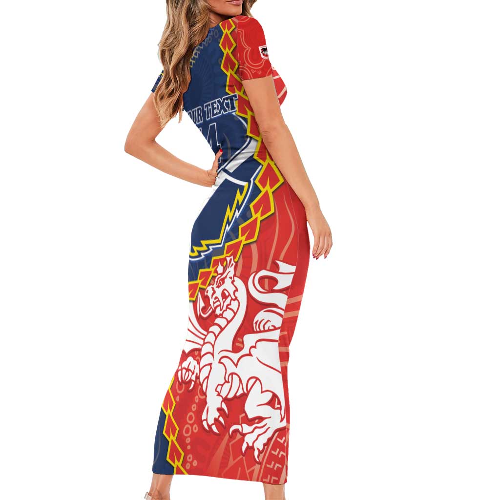 Custom Dragons And Cowboys Rugby Short Sleeve Bodycon Dress Aboriginal Mix Polynesian Pattern