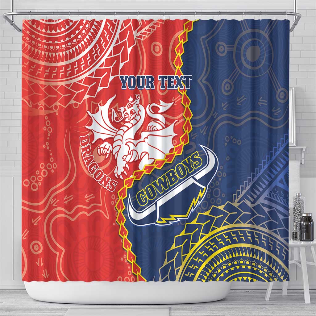 Custom Dragons And Cowboys Rugby Shower Curtain Aboriginal Mix Polynesian Pattern