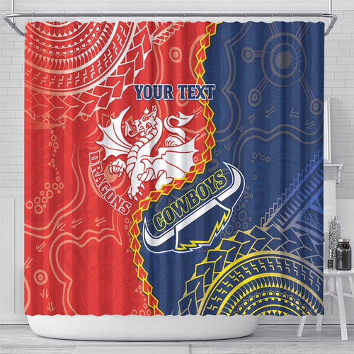 Custom Dragons And Cowboys Rugby Shower Curtain Aboriginal Mix Polynesian Pattern