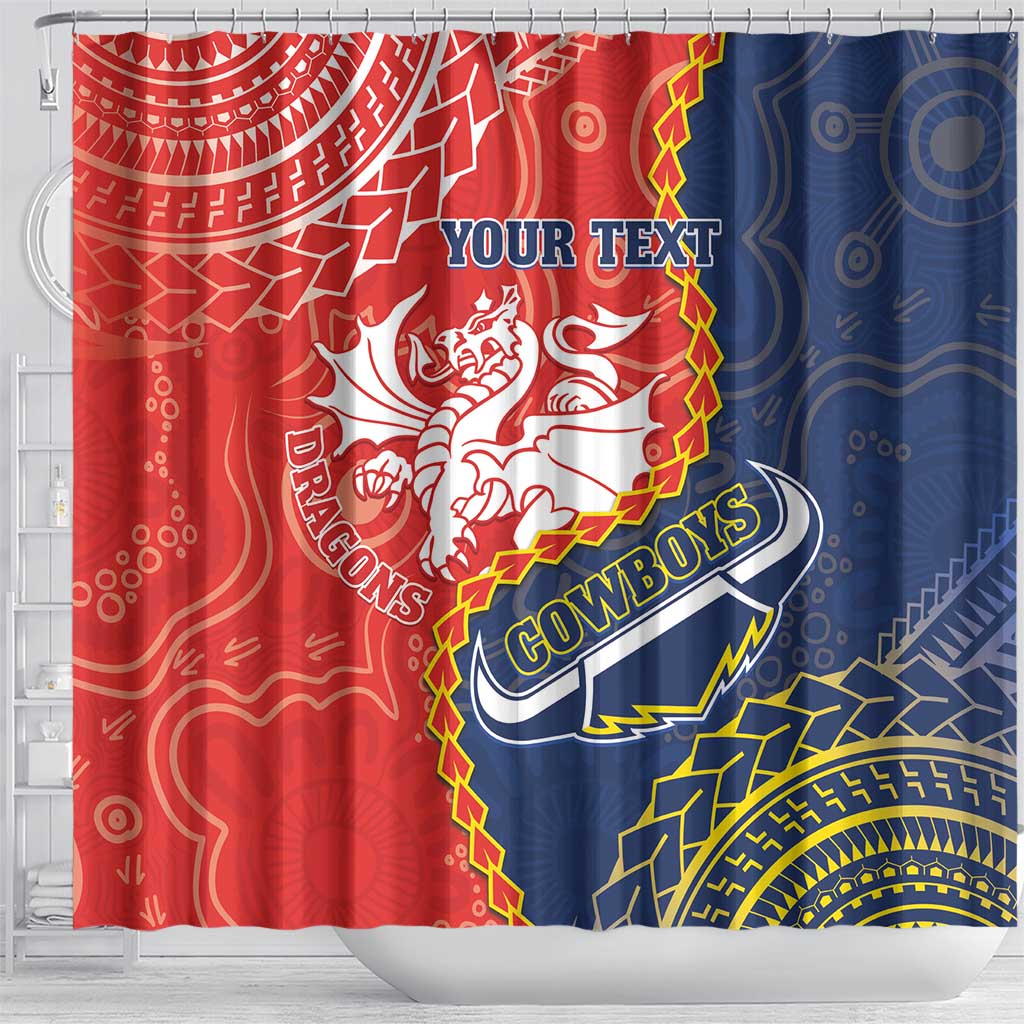 Custom Dragons And Cowboys Rugby Shower Curtain Aboriginal Mix Polynesian Pattern