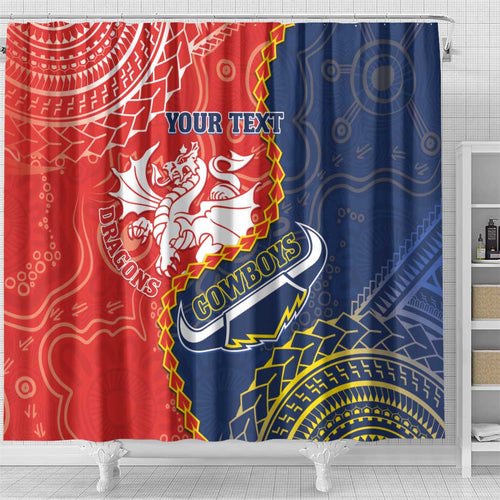 Custom Dragons And Cowboys Rugby Shower Curtain Aboriginal Mix Polynesian Pattern