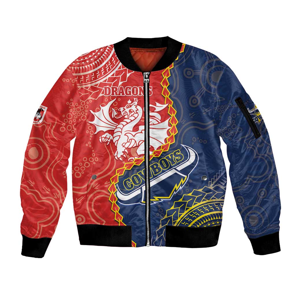 Custom Dragons And Cowboys Rugby Sleeve Zip Bomber Jacket Aboriginal Mix Polynesian Pattern