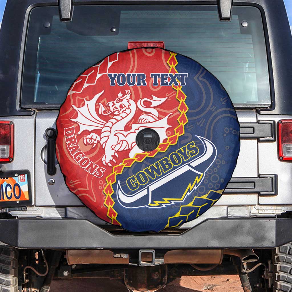 Custom Dragons And Cowboys Rugby Spare Tire Cover Aboriginal Mix Polynesian Pattern