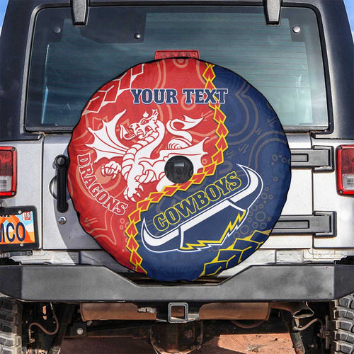 Custom Dragons And Cowboys Rugby Spare Tire Cover Aboriginal Mix Polynesian Pattern