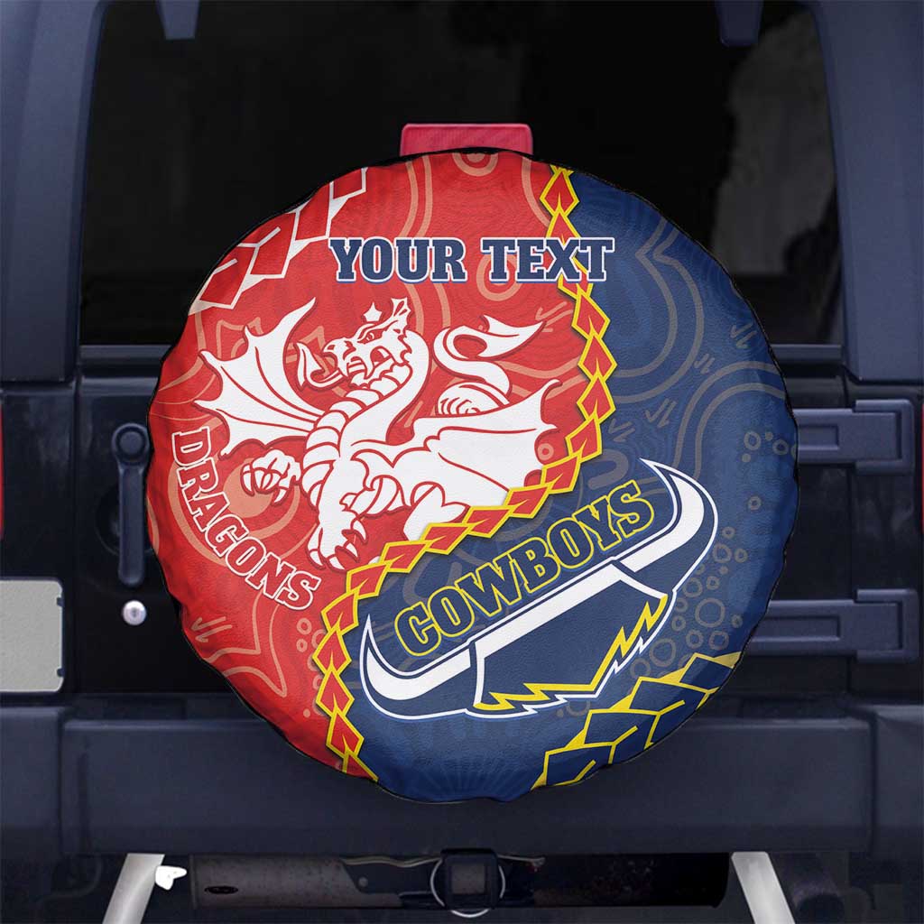 Custom Dragons And Cowboys Rugby Spare Tire Cover Aboriginal Mix Polynesian Pattern