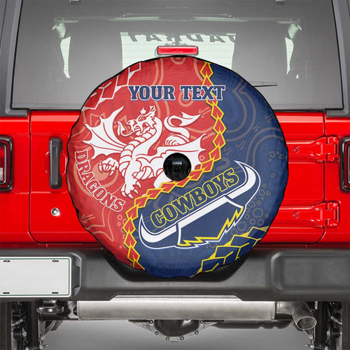 Custom Dragons And Cowboys Rugby Spare Tire Cover Aboriginal Mix Polynesian Pattern