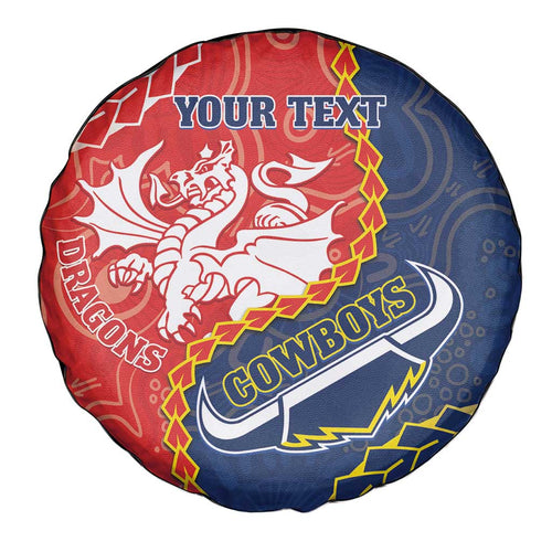 Custom Dragons And Cowboys Rugby Spare Tire Cover Aboriginal Mix Polynesian Pattern