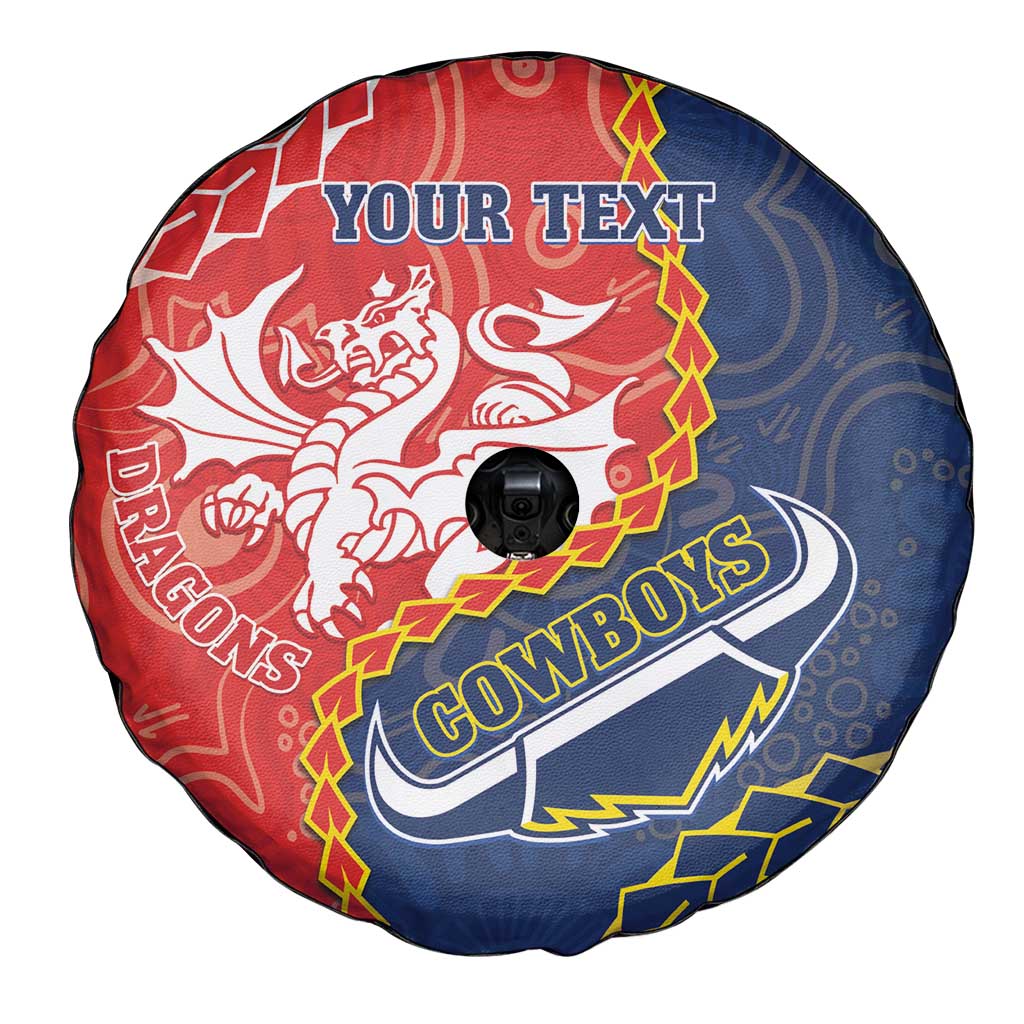 Custom Dragons And Cowboys Rugby Spare Tire Cover Aboriginal Mix Polynesian Pattern