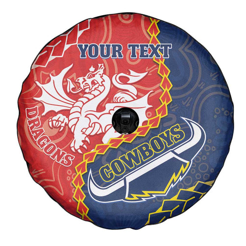 Custom Dragons And Cowboys Rugby Spare Tire Cover Aboriginal Mix Polynesian Pattern