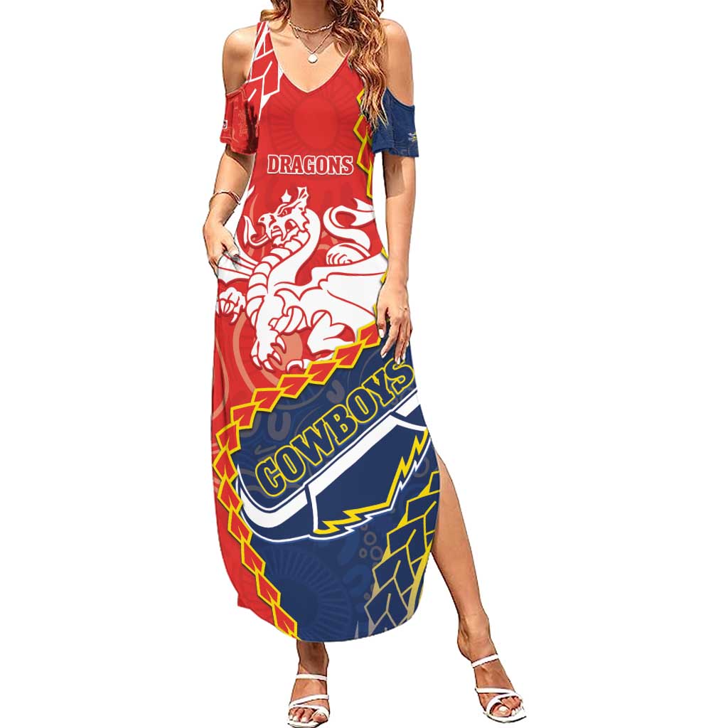 Custom Dragons And Cowboys Rugby Summer Maxi Dress Aboriginal Mix Polynesian Pattern