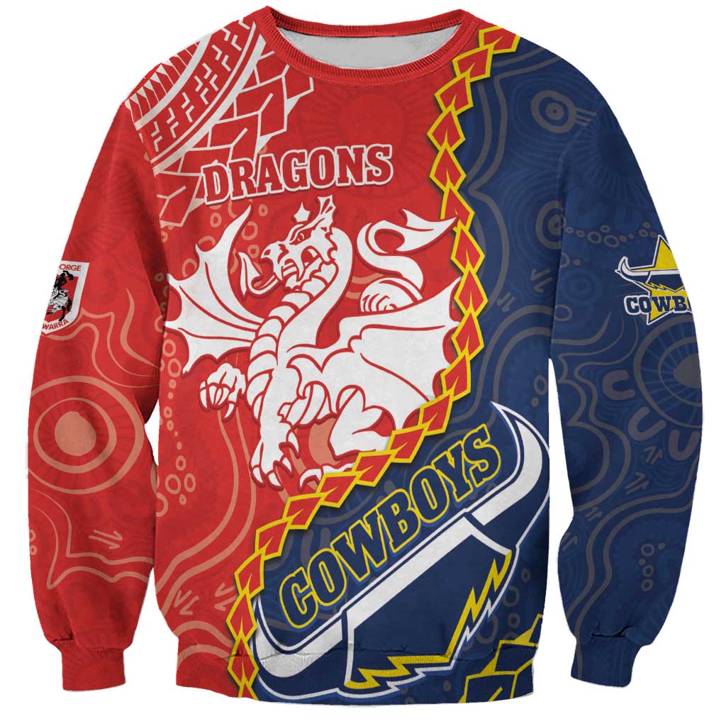 Custom Dragons And Cowboys Rugby Sweatshirt Aboriginal Mix Polynesian Pattern