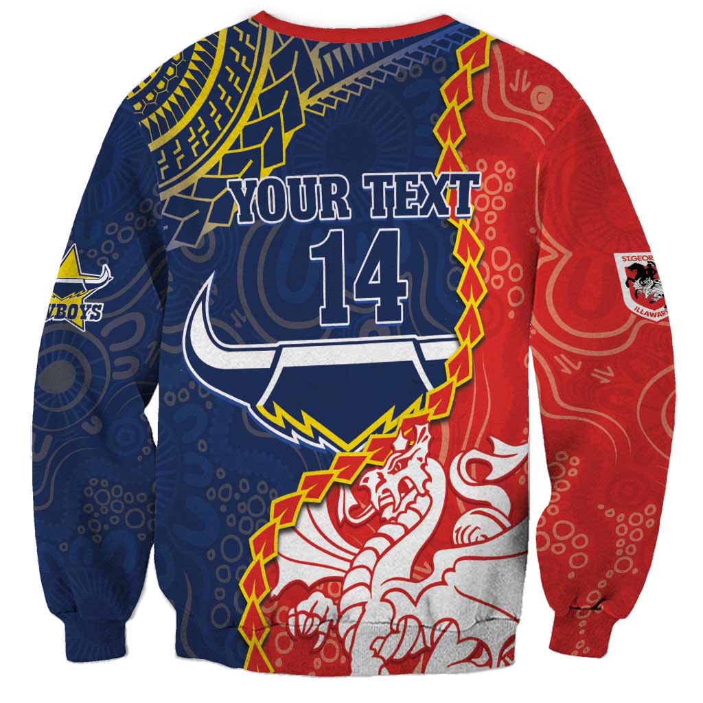 Custom Dragons And Cowboys Rugby Sweatshirt Aboriginal Mix Polynesian Pattern