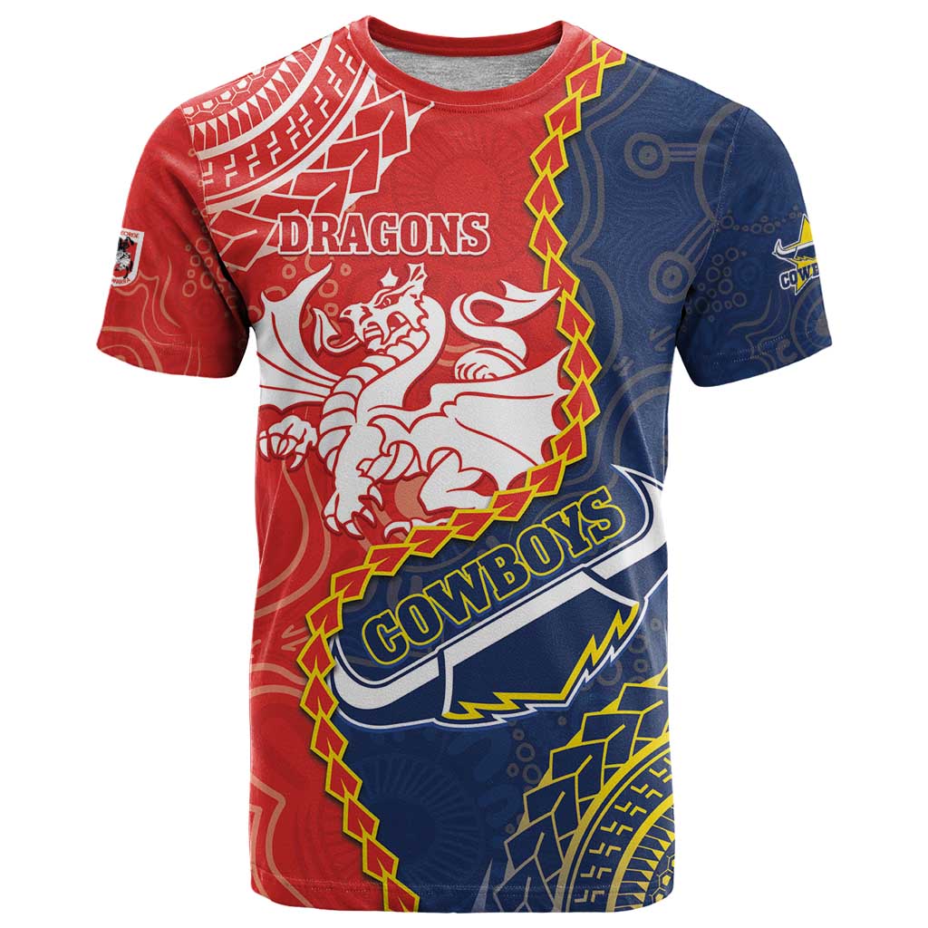 Custom Dragons And Cowboys Rugby T Shirt Aboriginal Mix Polynesian Pattern