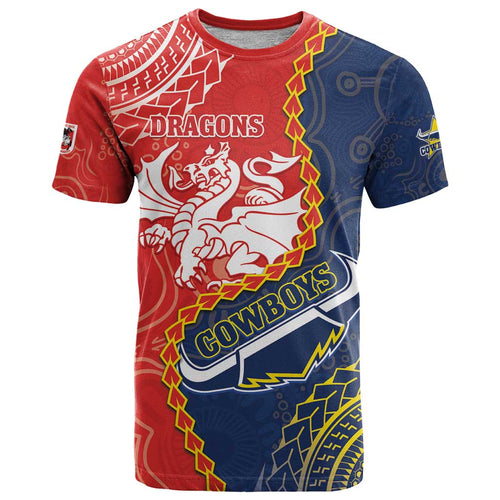 Custom Dragons And Cowboys Rugby T Shirt Aboriginal Mix Polynesian Pattern