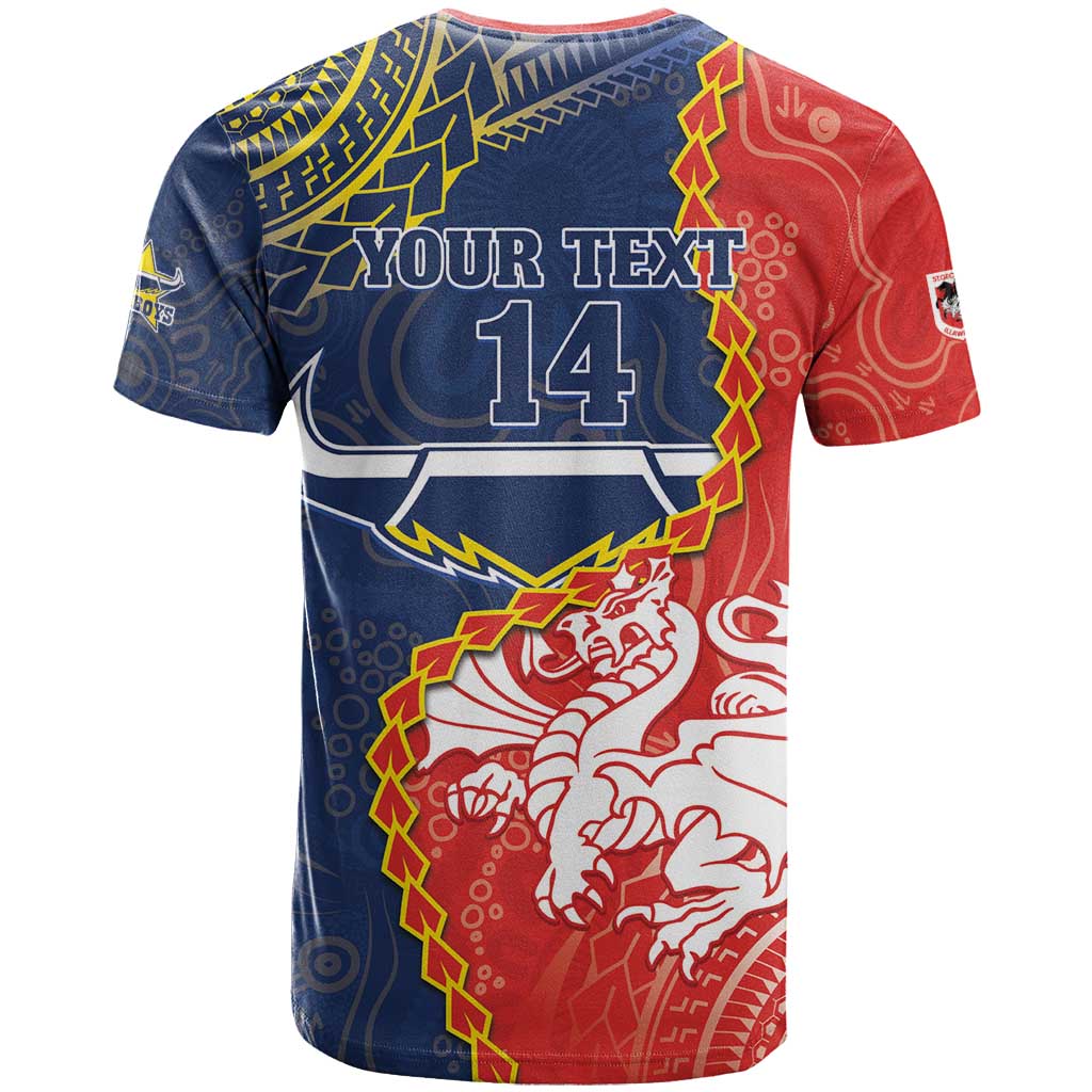 Custom Dragons And Cowboys Rugby T Shirt Aboriginal Mix Polynesian Pattern
