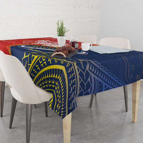 Custom Dragons And Cowboys Rugby Tablecloth Aboriginal Mix Polynesian Pattern