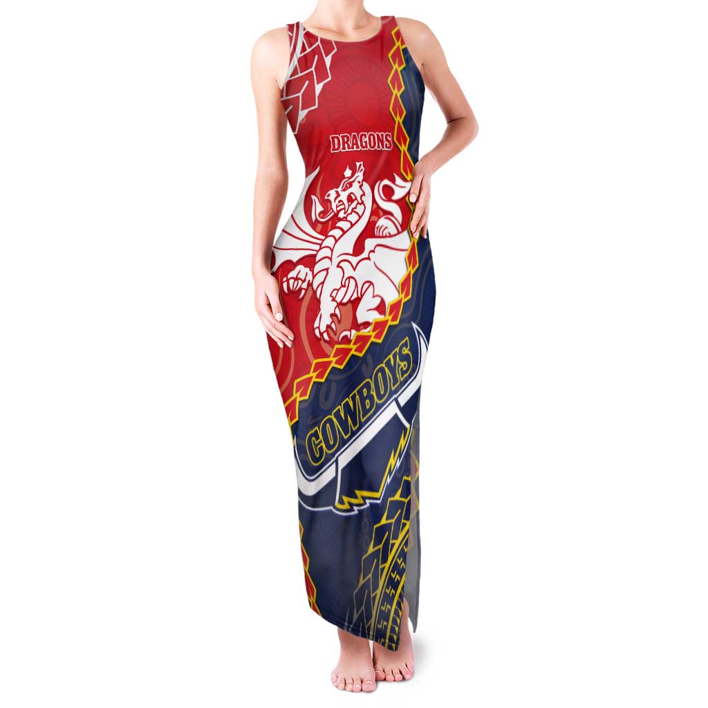 Custom Dragons And Cowboys Rugby Tank Maxi Dress Aboriginal Mix Polynesian Pattern
