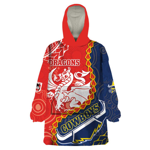 Custom Dragons And Cowboys Rugby Wearable Blanket Hoodie Aboriginal Mix Polynesian Pattern