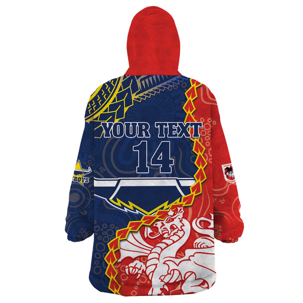 Custom Dragons And Cowboys Rugby Wearable Blanket Hoodie Aboriginal Mix Polynesian Pattern