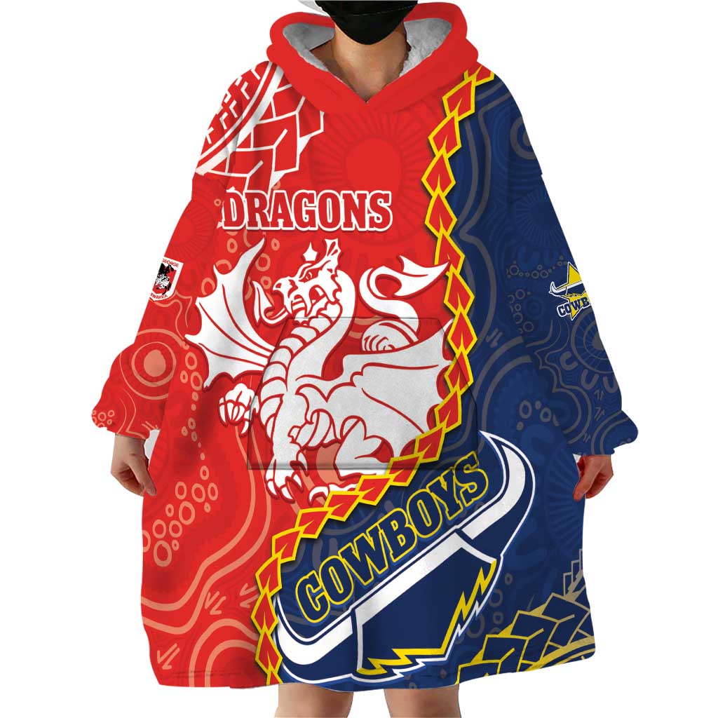 Custom Dragons And Cowboys Rugby Wearable Blanket Hoodie Aboriginal Mix Polynesian Pattern