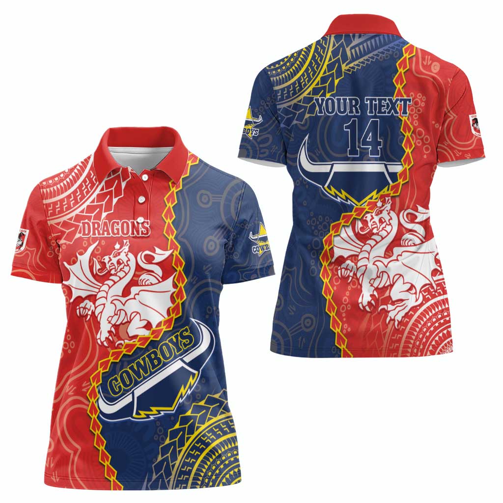 Custom Dragons And Cowboys Rugby Women Polo Shirt Aboriginal Mix Polynesian Pattern