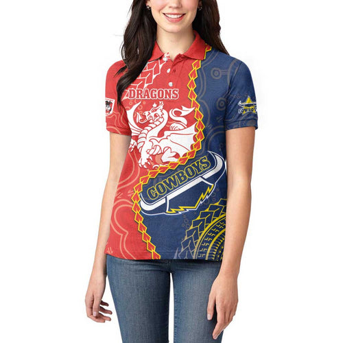 Custom Dragons And Cowboys Rugby Women Polo Shirt Aboriginal Mix Polynesian Pattern