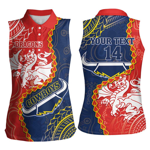 Custom Dragons And Cowboys Rugby Women Sleeveless Polo Shirt Aboriginal Mix Polynesian Pattern