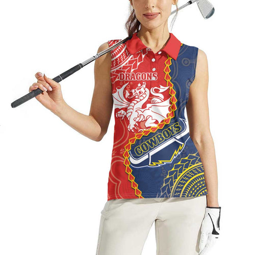 Custom Dragons And Cowboys Rugby Women Sleeveless Polo Shirt Aboriginal Mix Polynesian Pattern