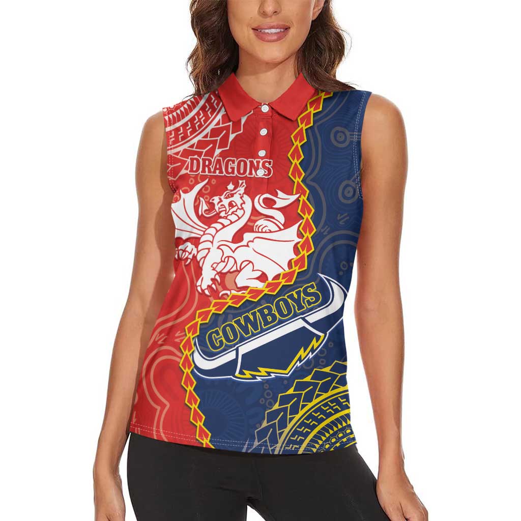 Custom Dragons And Cowboys Rugby Women Sleeveless Polo Shirt Aboriginal Mix Polynesian Pattern