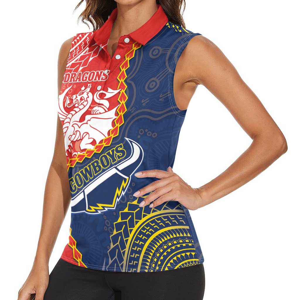 Custom Dragons And Cowboys Rugby Women Sleeveless Polo Shirt Aboriginal Mix Polynesian Pattern